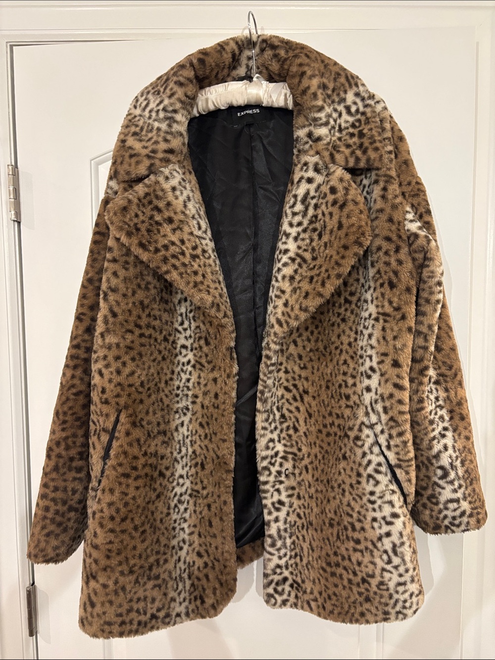 Express Leopard-Print Teddy Coat in Brown and Cream